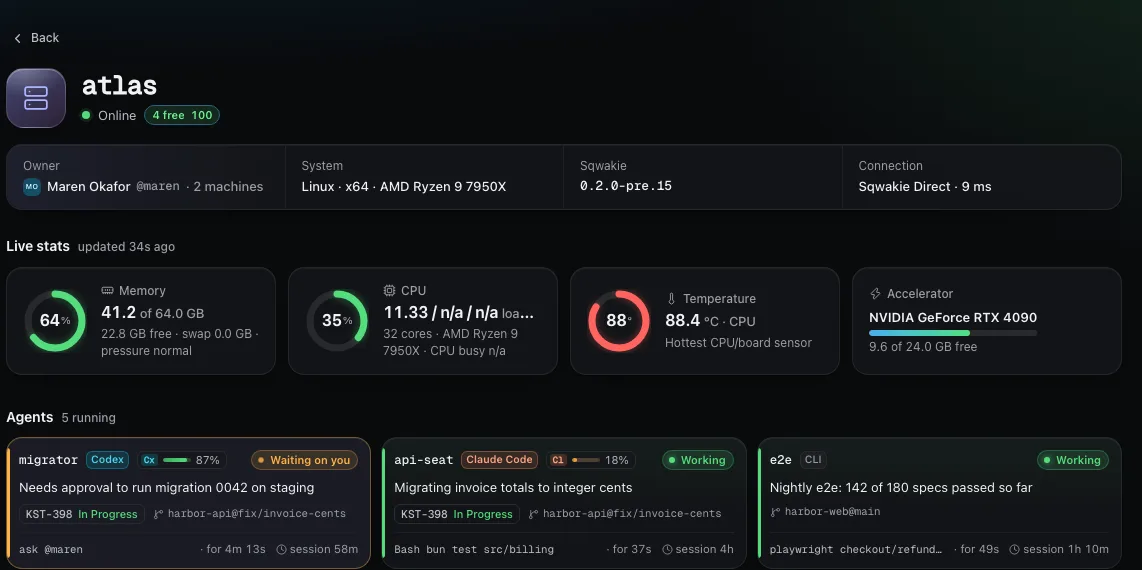 Atlas machine page with agents, system health and Direct connection.