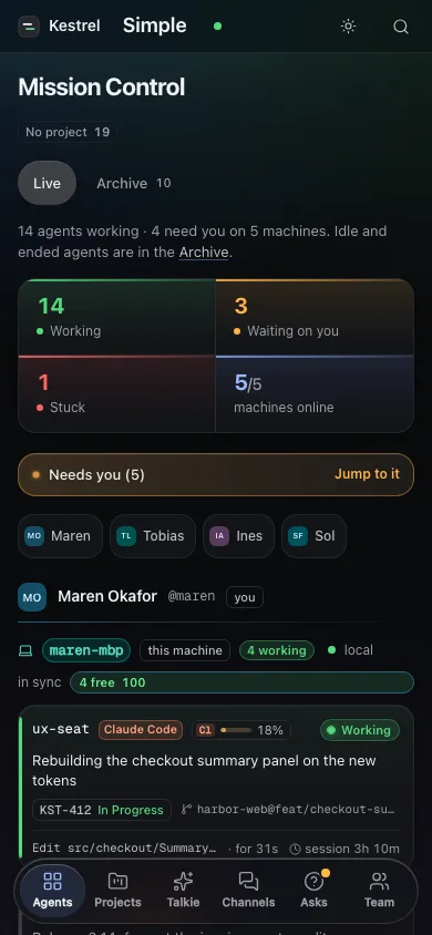 The dashboard at phone width: Kestrel's Mission Control, agent states and navigation tabs.
