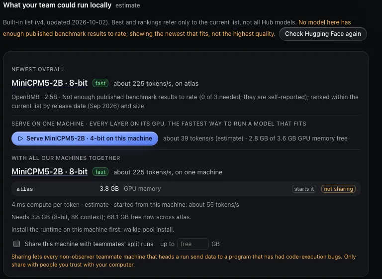 The team compute panel compares model fit and estimated speed across the team's machines.